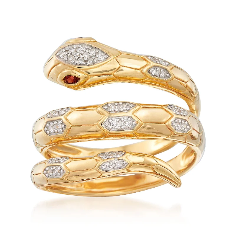 women double halo engagement rings -Ross-Simons Diamond Snake Wrap Ring With Garnet Accents in 18kt Gold Over Sterling