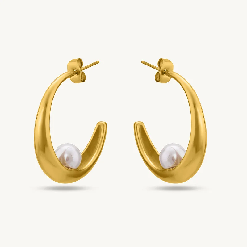 women wedding earrings -Dainty Simple Pearl Half Hoop Earrings