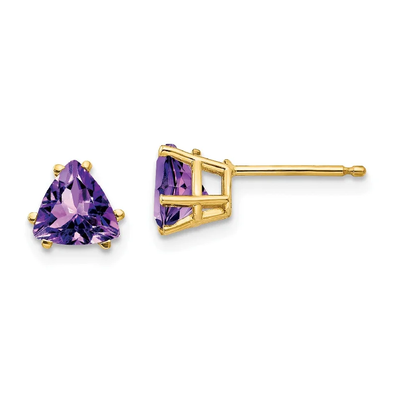 women radiant earrings -6MM Trillion Amethyst Stud Earrings in 14KT Yellow Gold