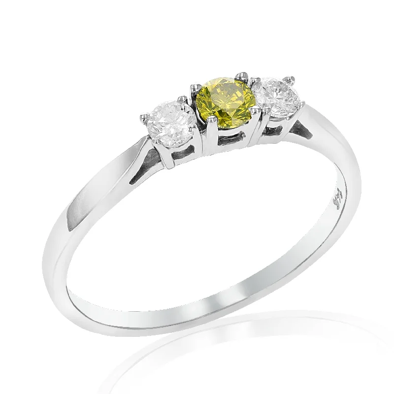 women double halo engagement rings -1/2 cttw 3 Stone Yellow and White Diamond Engagement Ring 14K White Gold