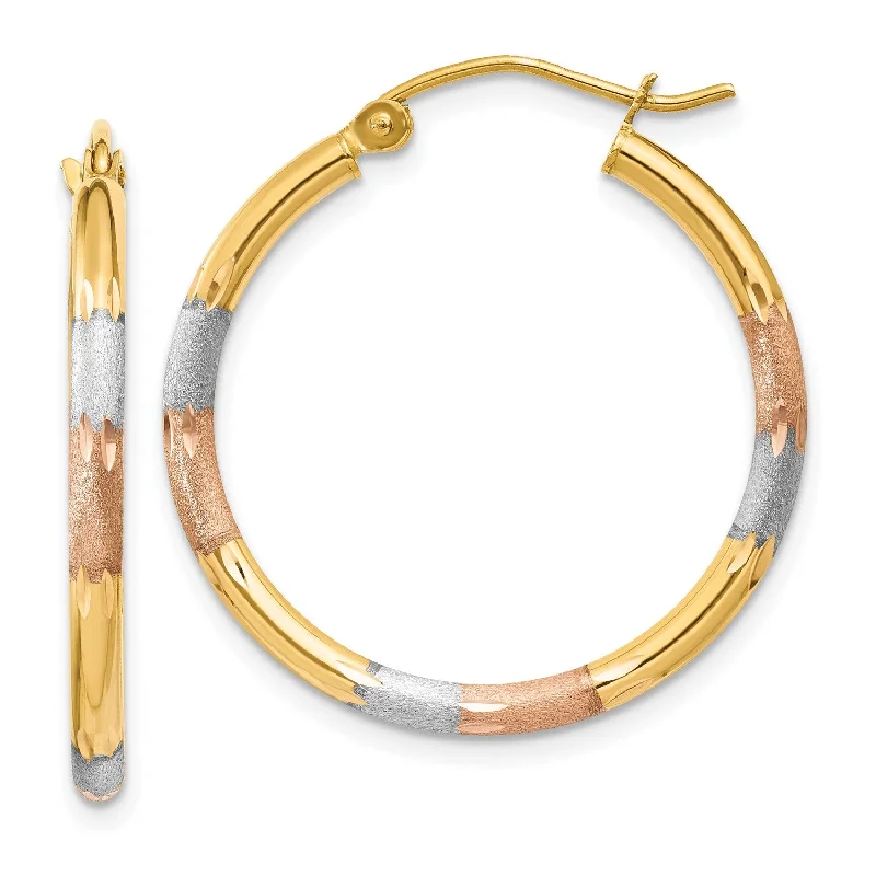 women statement earrings -14KT Gold Tri-Color 22X2MM Diamond-cut Hoop Earrings