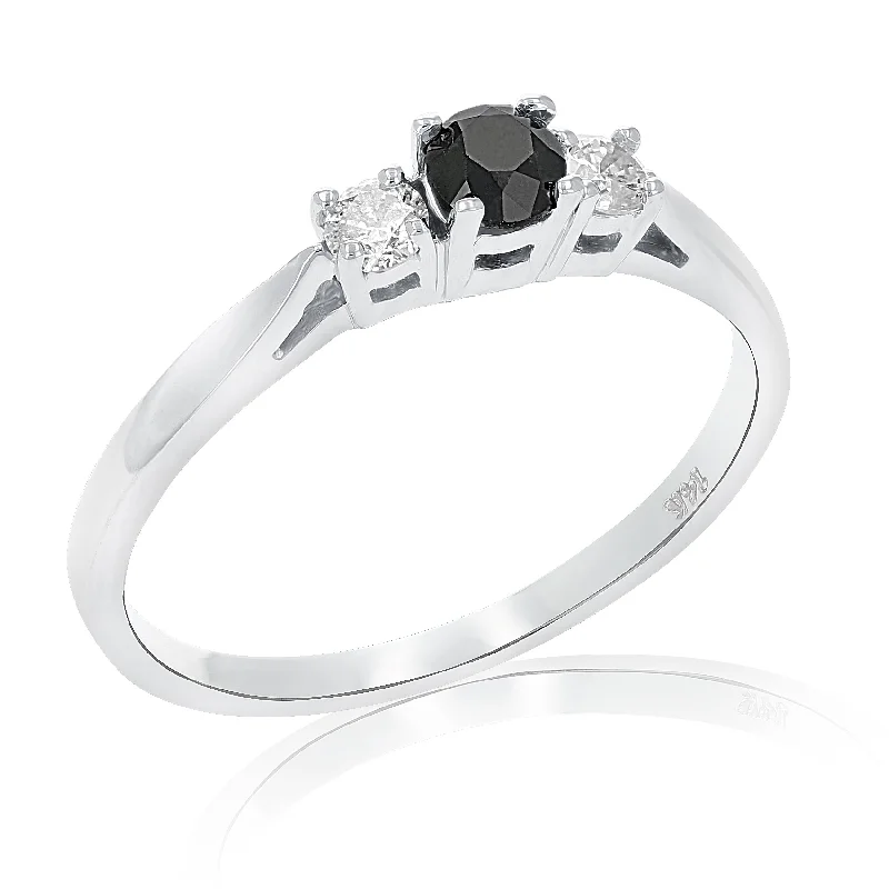 women modern solitaire engagement rings -1/2 cttw 3 Stone Black and White Diamond Engagement Ring 14K White Gold