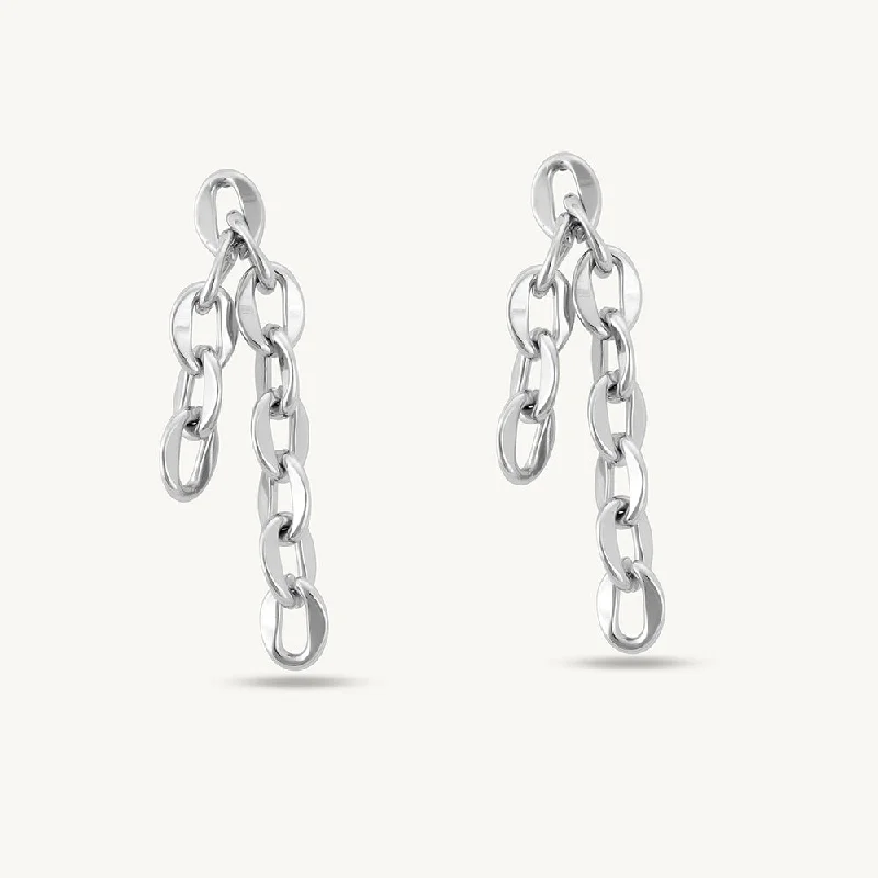 women clip-on earrings -Long Silver Chain Drop Earrings