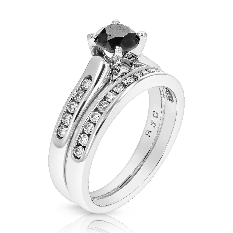 women unique engagement rings -1 cttw Black Diamond Wedding Engagement Ring Bridal Set 14K White Gold