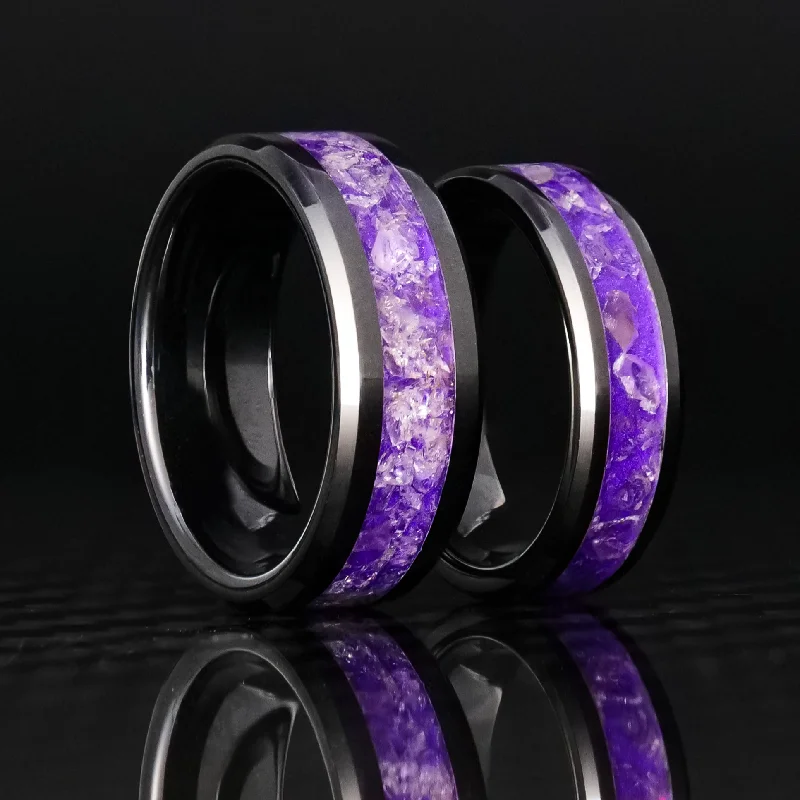 women sterling silver rings -Matching Amethyst Glowstone Ring on Black Ceramic