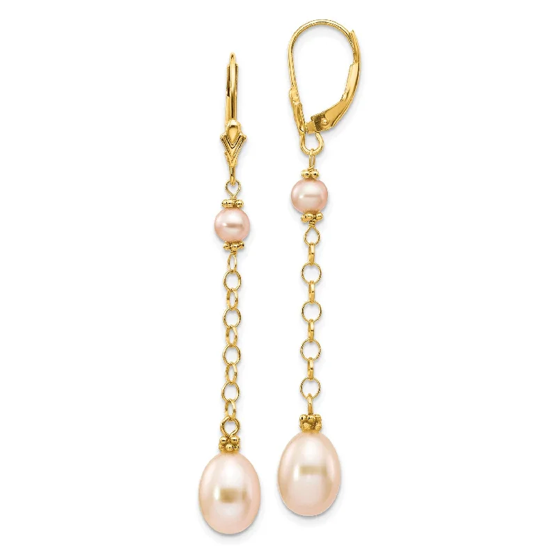 women sparkling gold earrings -8X5MM Pearl Leverback Earrings in 14KT Yellow Gold