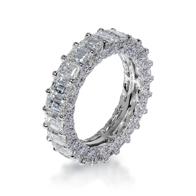 women sterling silver rings -Megan 5 Carat Emerald Cut Diamond Eternity Band in 14 Karat White Gold Shared Prong