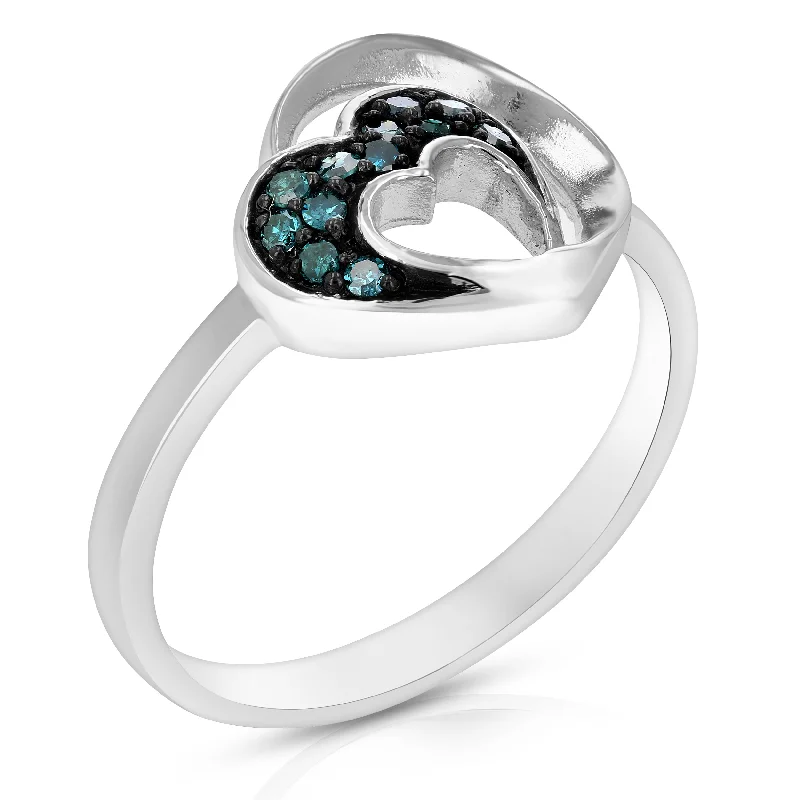 women simple engagement rings -0.15 cttw Blue Diamond Heart Ring .925 Sterling Silver with Rhodium