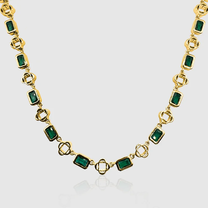 women vintage necklaces -Green Gemstone Clover Necklace (Gold)