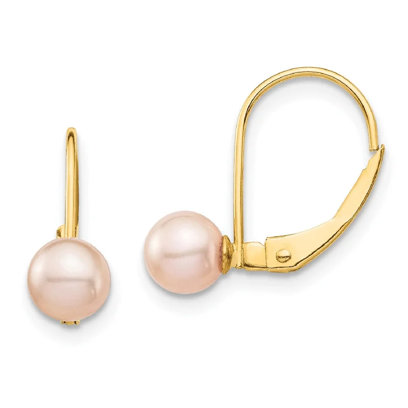 women eco-conscious earrings -5MM Round Pearl Leverback Earrings in 14KT Yellow Gold