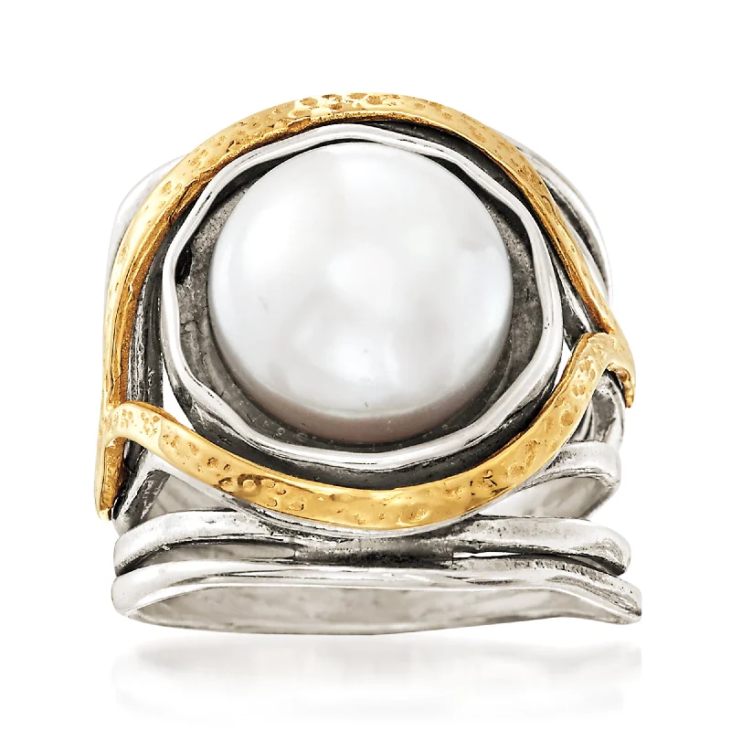 women exclusive engagement rings -Ross-Simons 11.5-12mm Cultured Pearl Openwork Ring in Sterling Silver and 14kt Yellow Gold