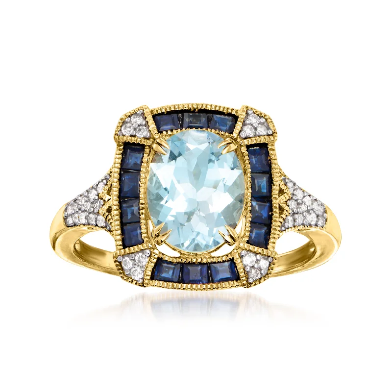 women engagement rings -Ross-Simons Aquamarine and . Sapphire Ring With . Diamonds in 14kt Yellow Gold