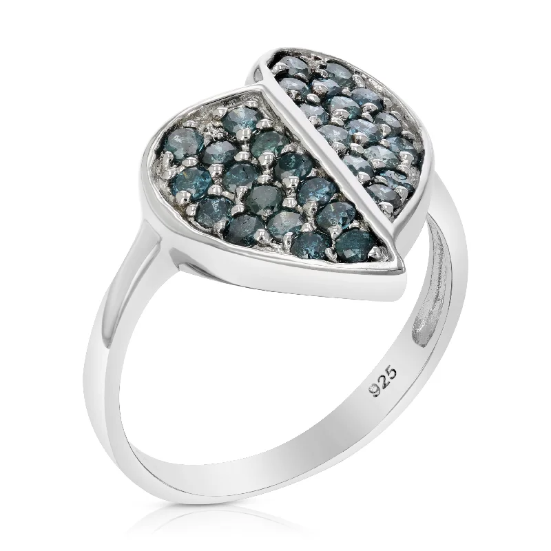 women solitaire engagement rings -0.85 cttw Blue Diamond Heart Ring .925 Sterling Silver with Rhodium