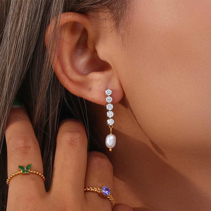 women pearl earrings -Pearl Drop Diamond Earrings