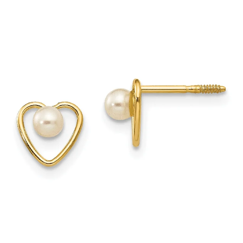 women unique earrings -14KT Yellow Gold 3MM Round Pearl 6MM Heart Childrens Birthstone Stud Earrings