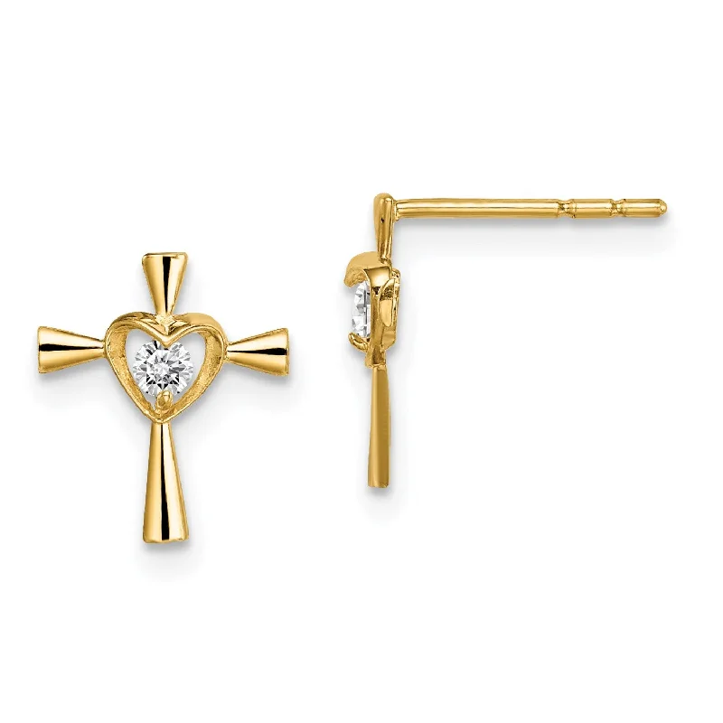 women fashion statement earrings -14KT Yellow Gold Cubic Zirconia Childrens Heart Cross Stud Earrings