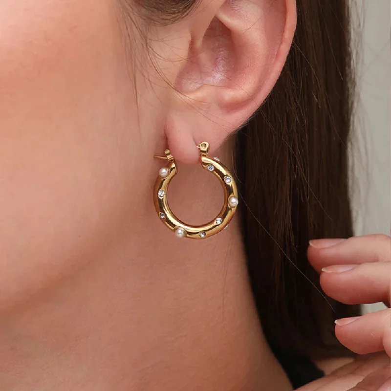 women dangle earrings -Diamond Pearl Studded Hoop Earrings