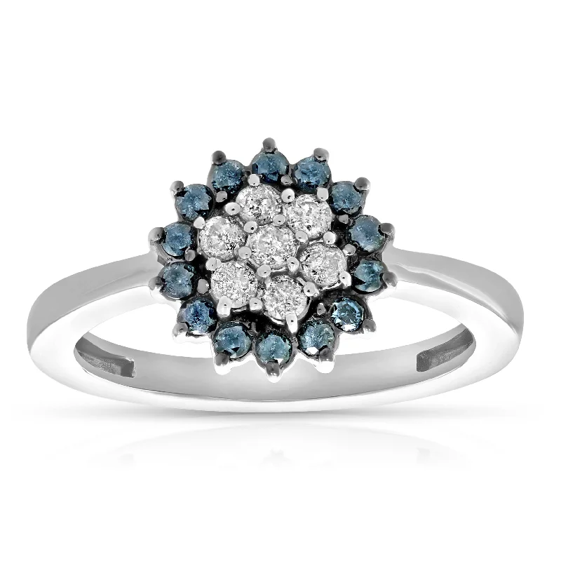 women unique diamond engagement rings -1/2 cttw Blue and White Diamond Cluster Composite Ring 10K White Gold