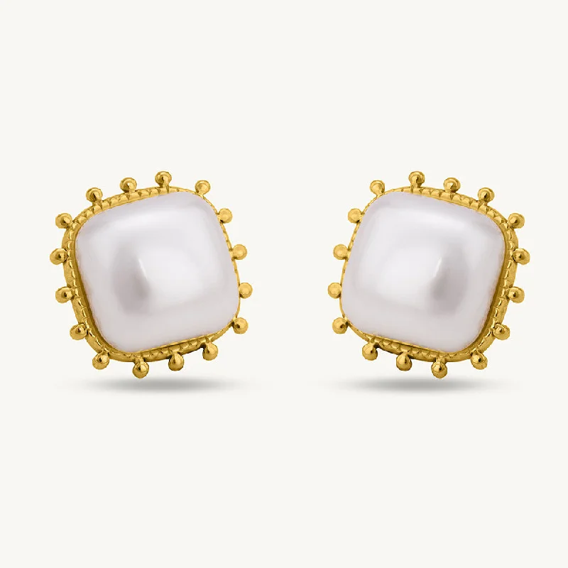 women romantic earrings -Simple Square White Pearl Stud Earrings