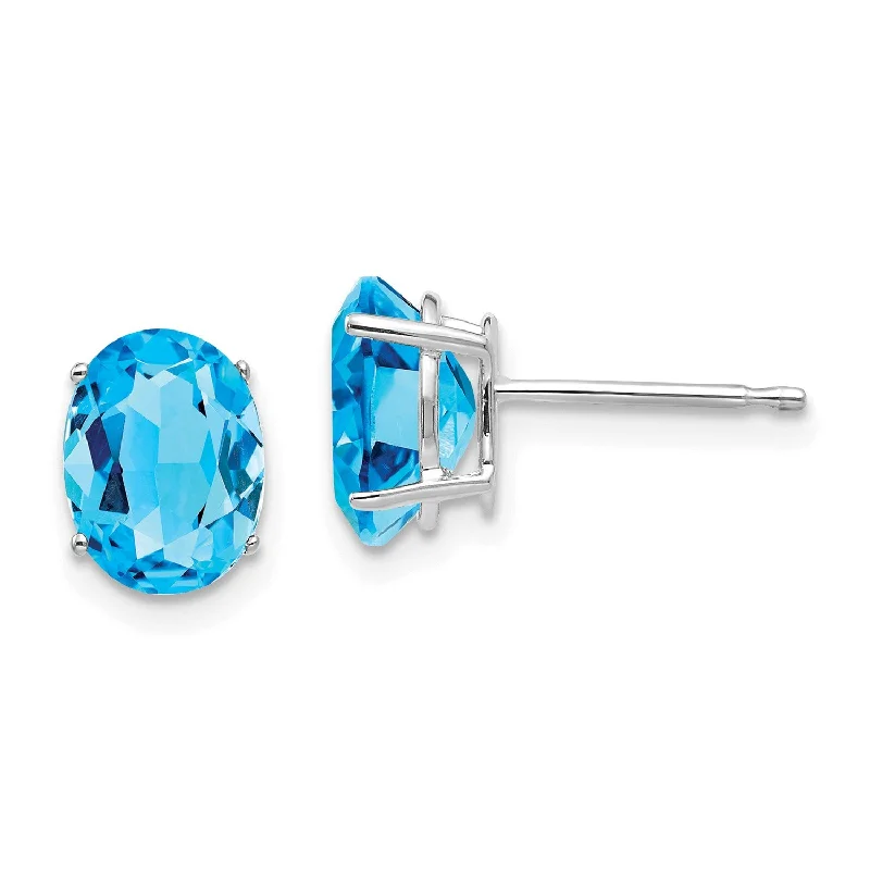 women sparkling gold earrings -8X6MM Oval Swiss Blue Topaz Stud Earrings in 14KT White Gold