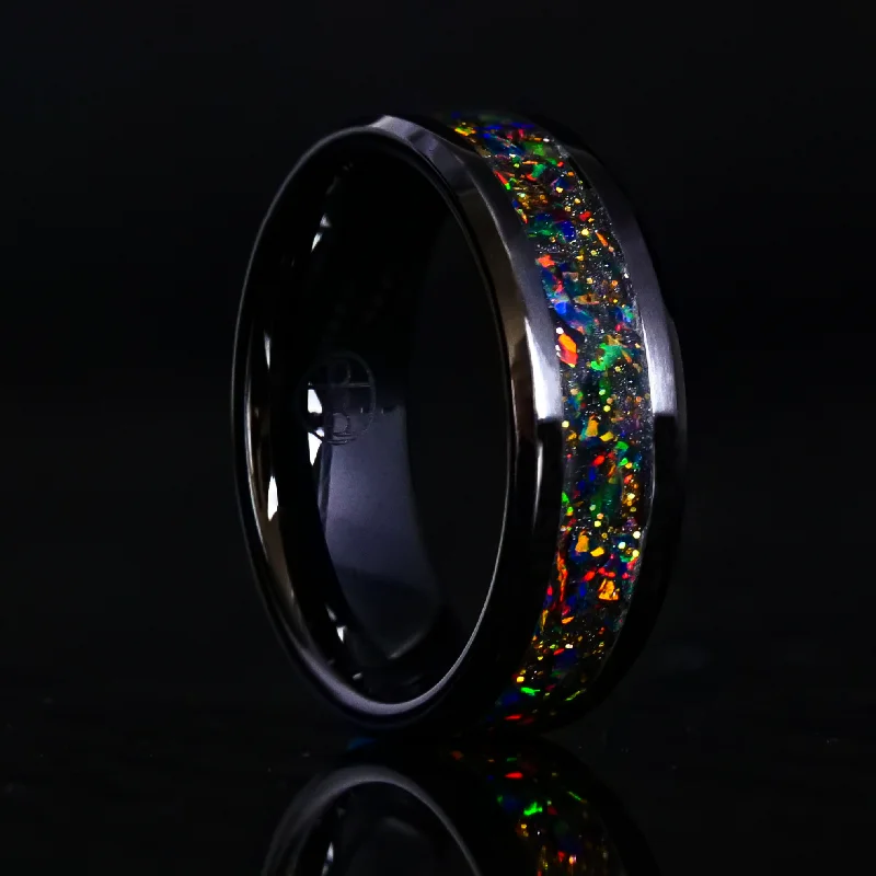 women unique wedding bands -Radiant Black Fire Opal Glowstone Ring on Black Ceramic