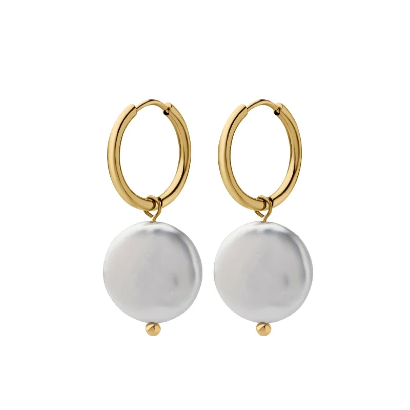 women sparkling earrings -Coin Pearl Hoop Earrings