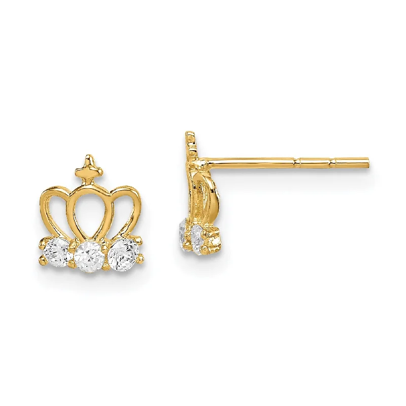 women trendy gold earrings -14KT Yellow Gold Cubic Zirconia Stud Tiara Crown Earrings