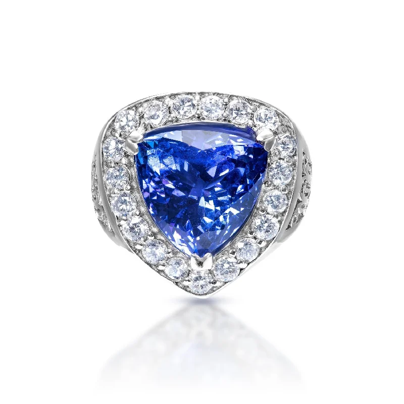 women solitaire rings -Juliet 10 Carats Trilliant Cut Blue Tanzanite Ring Halo in 14k White Gold