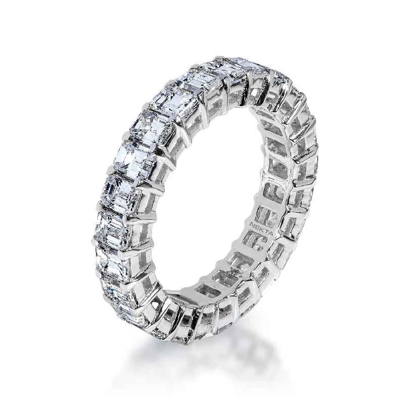 women silver wedding rings -Rhea 4 Carat Emerald Cut Diamond Eternity Band in 14k White Gold Shared Prong