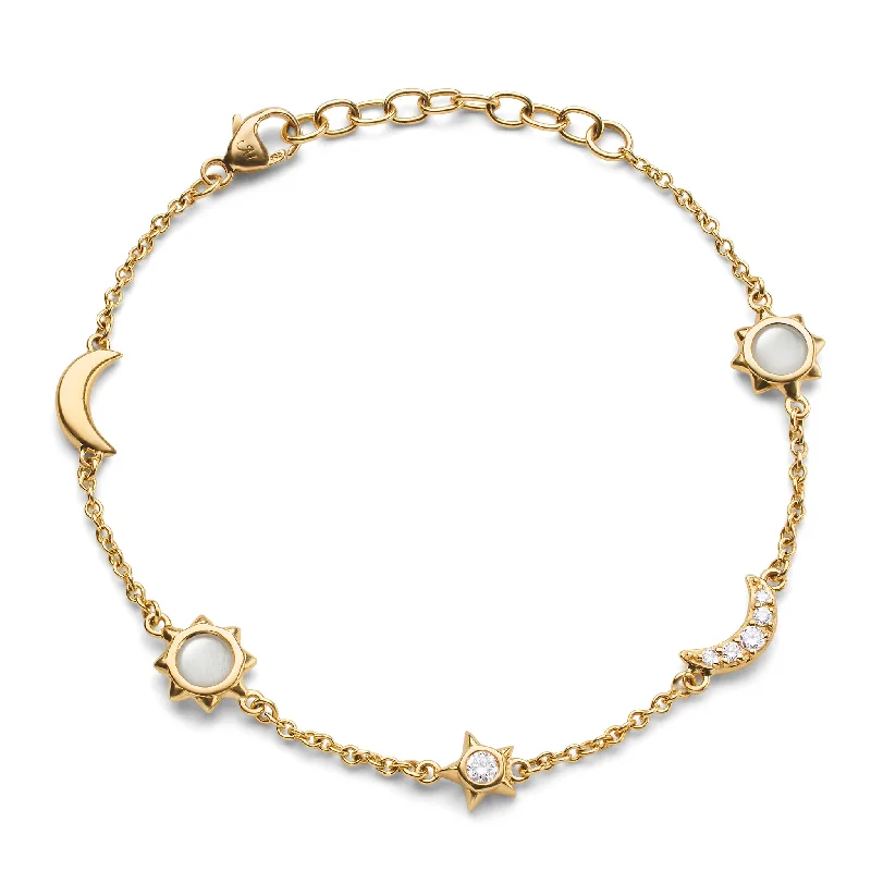 women gold bracelets -Sun, Moon and Stars Diamond and Moonstone Chain Bracelet