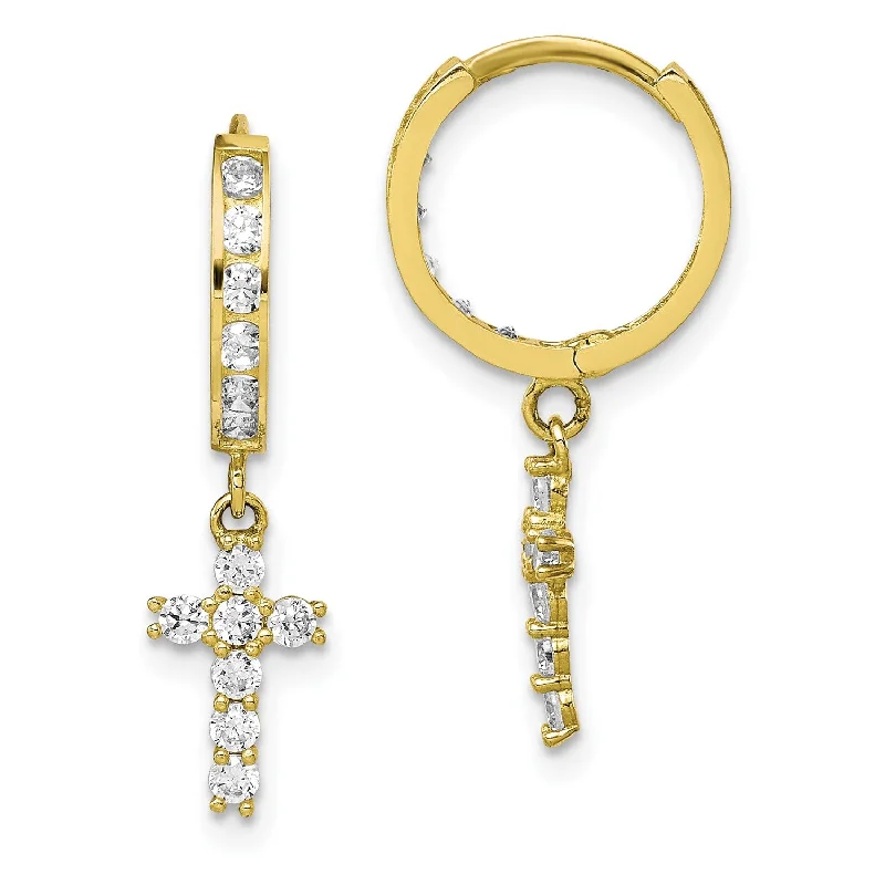 women luxury earrings for women -10KT Yellow Gold Cubic Zirconia Hinged Hoop Cross Earrings