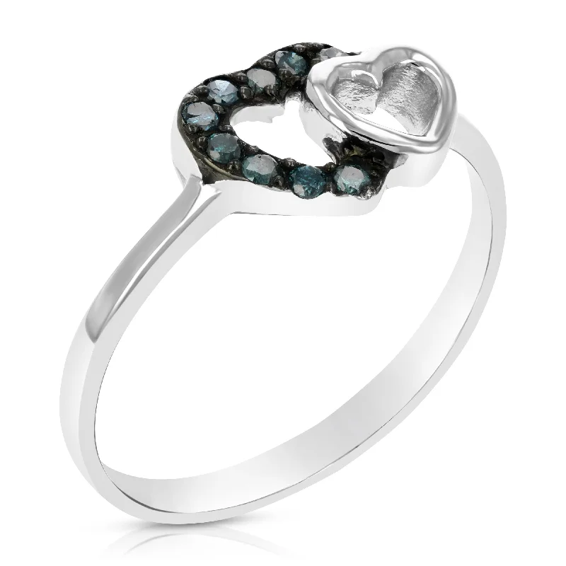 women silver engagement rings -1/8 cttw Blue Diamond Heart Ring .925 Sterling Silver with Rhodium