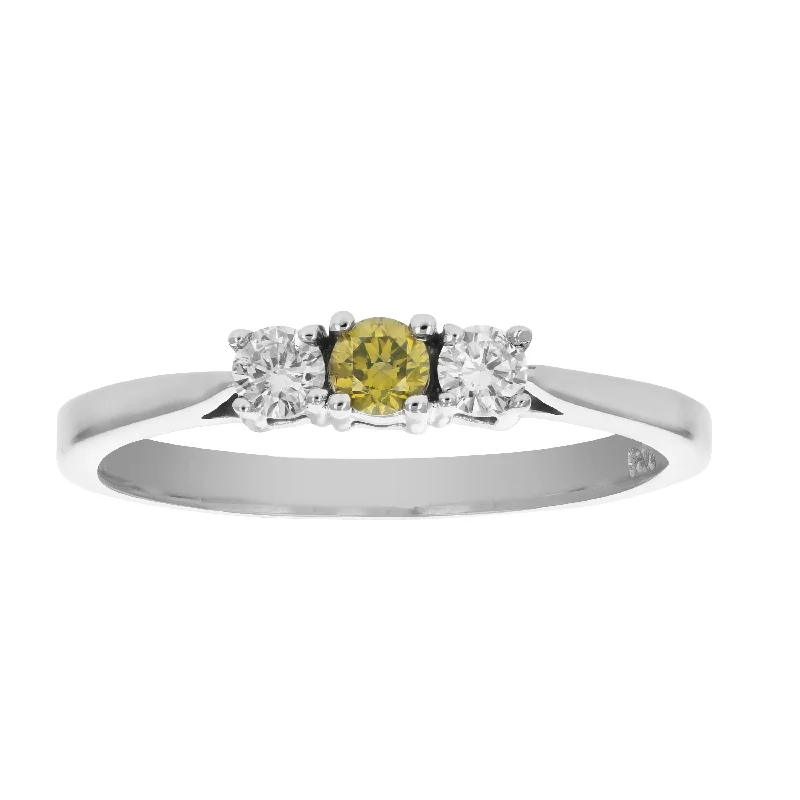 women floral engagement rings -1/4 cttw 3 Stone Yellow and White Diamond Engagement Ring 14K White Gold