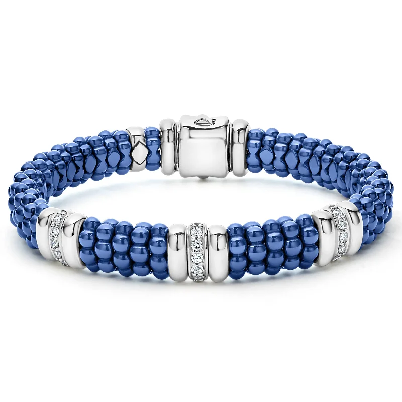 women vintage bangles -Lagos Blue Caviar 3 Station Ceramic Diamond Bracelet