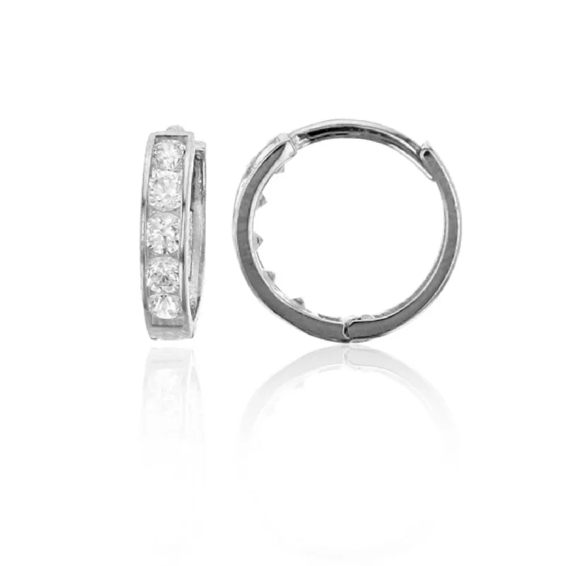 women unique earrings -14KT White Gold Cubic Zirconia 2X10MM Huggie Earrings