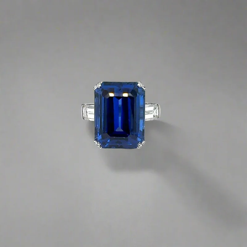 women unique wedding bands -Emory 25 Carat Emerald Cut Blue Sapphire Ring in 18 Karat White Gold AGL Certified