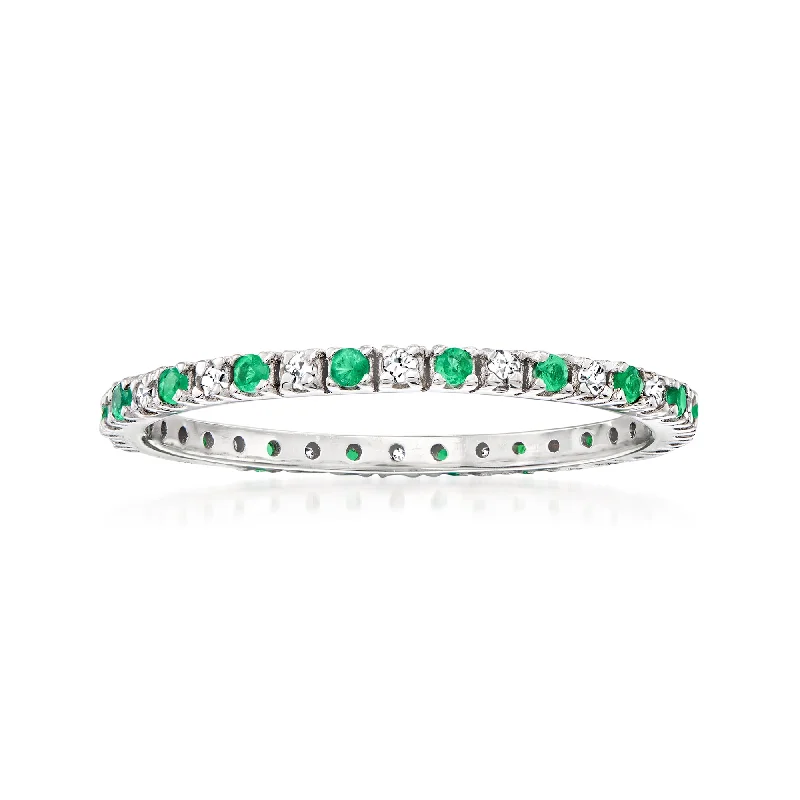 women emerald solitaire engagement rings -Ross-Simons Emerald and . Diamond Eternity Band Ring in 14kt White Gold