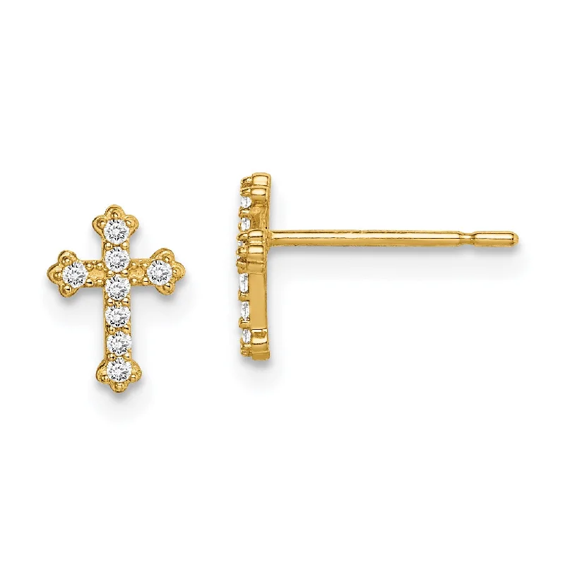 women simple earrings -14KT Yellow Gold Cubic Zirconia Childrens Cross Stud Earrings