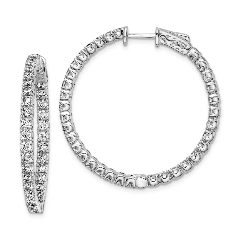 women minimalistic gold earrings -Sterling Silver Cubic Zirconia 29MM Safety Clasp In & Out Hoop Earrings