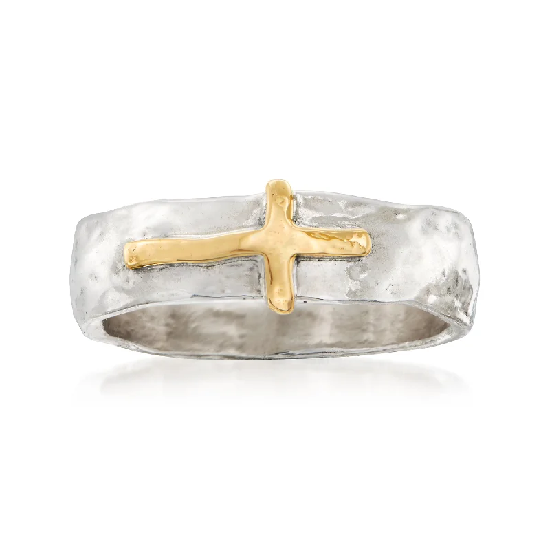 women elegant engagement rings -Ross-Simons Sterling Silver and 14kt Yellow Gold Sideways Cross Ring