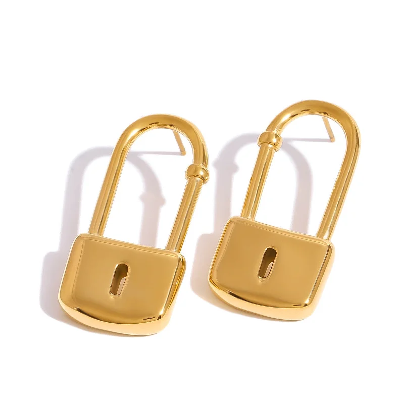 women gold stud earrings -Modern Lock Drop Earrings