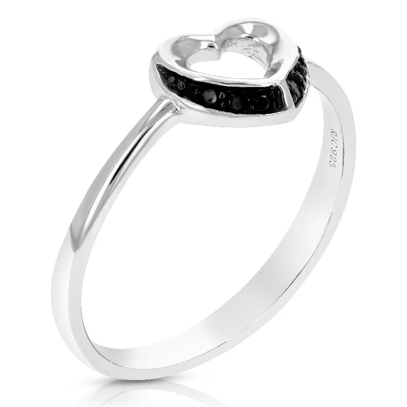 women vintage engagement rings -1/20 cttw Black Diamond Heart Ring .925 Sterling Silver with Rhodium