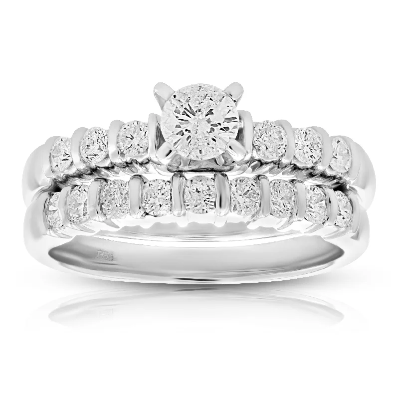 women silver engagement rings -1 cttw Diamond Channel Set Wedding Engagement Ring Set 14K White Gold