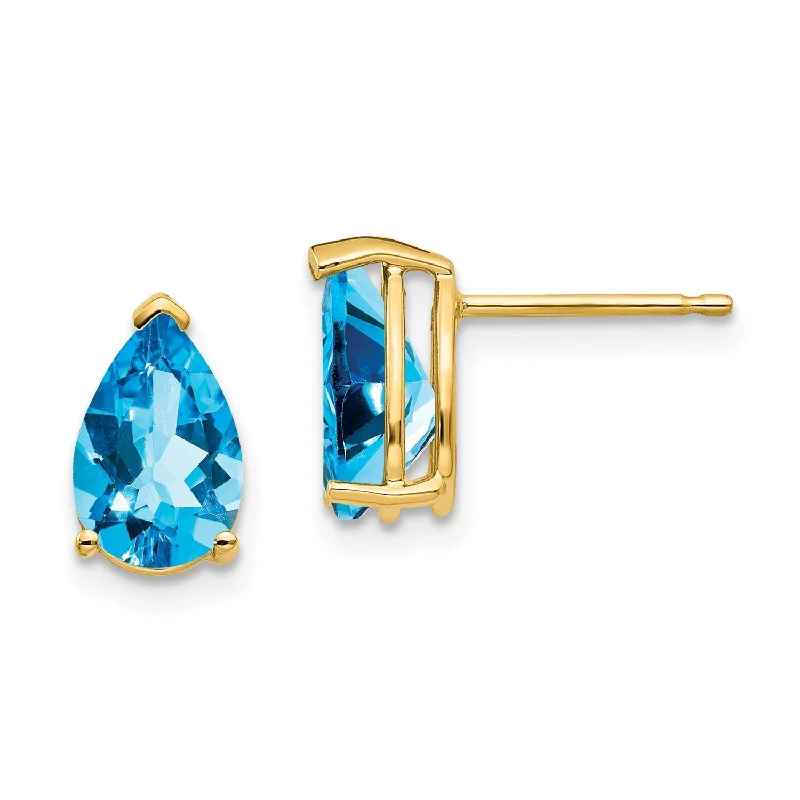 women diamond earrings -9X6MM Pear Swiss Blue Topaz Stud Earrings in 14KT Yellow Gold