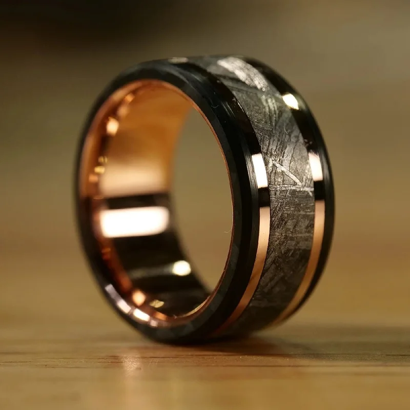 women engagement rings -Meteorite and Carbon Fiber Ring with Rose Gold Liner