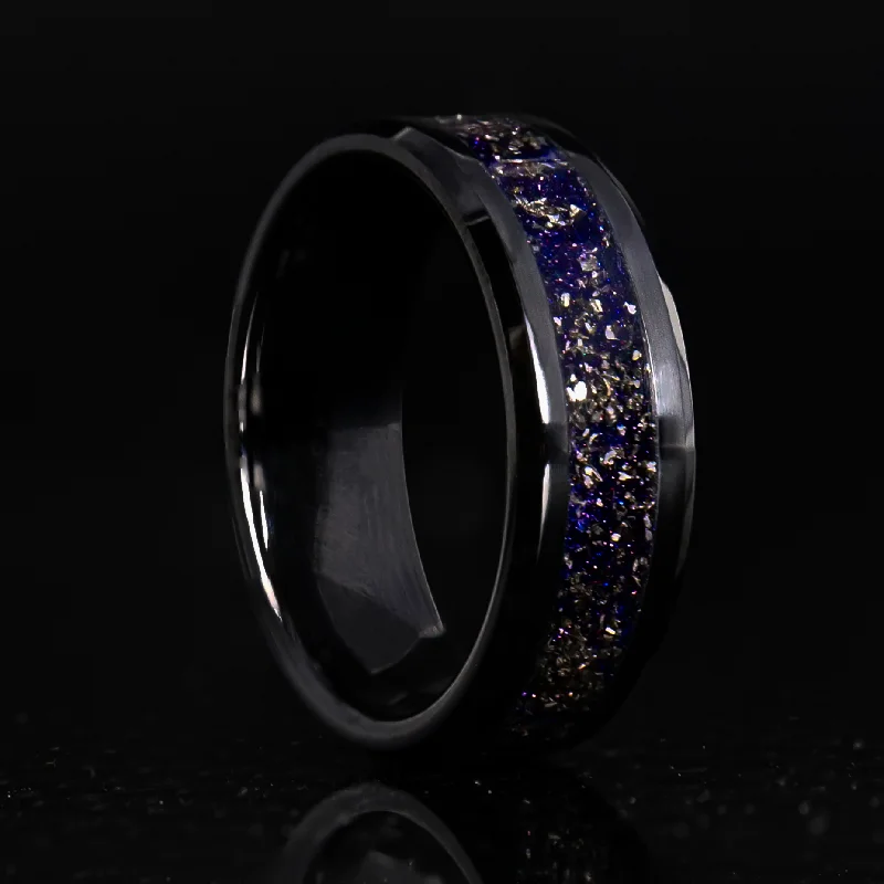 women sapphire rings -Blue Sandstone Glowstone Ring on Black Ceramic