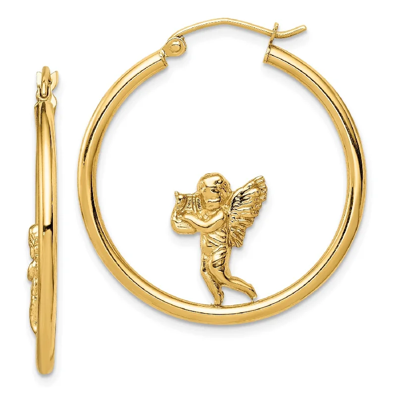 women stud earrings -14KT Yellow Gold Angel Hoop Earrings