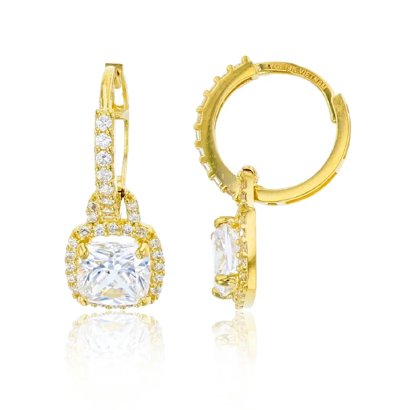 women luxury diamond earrings -14KT Yellow Gold 6MM Cushion Cubic Zirconia Drop & Dangle Huggie Earrings