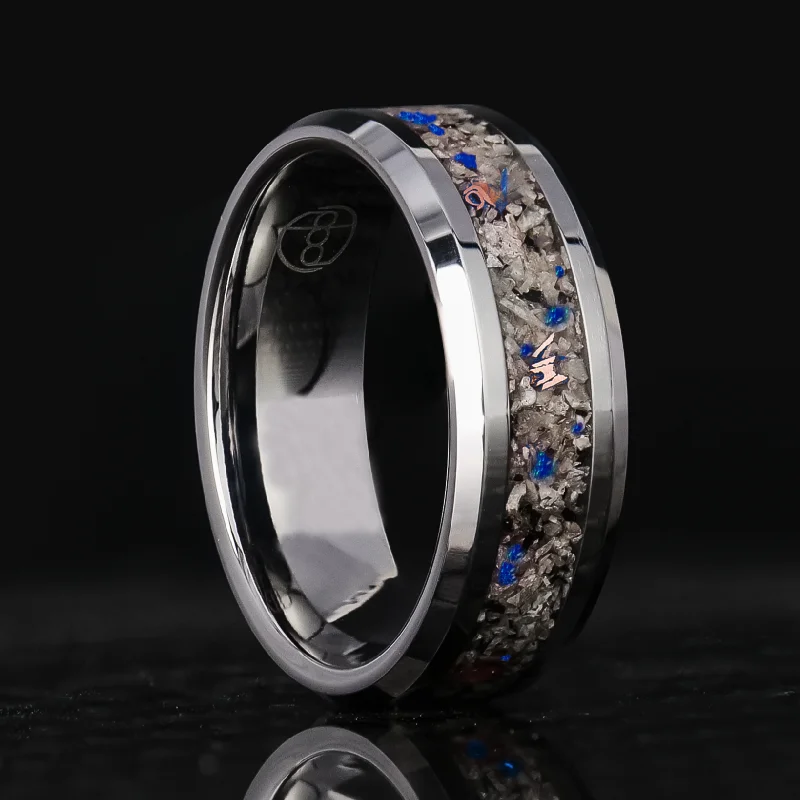 women gemstone wedding rings -Azure Blue Yooperlite Glowstone Ring on Tungsten