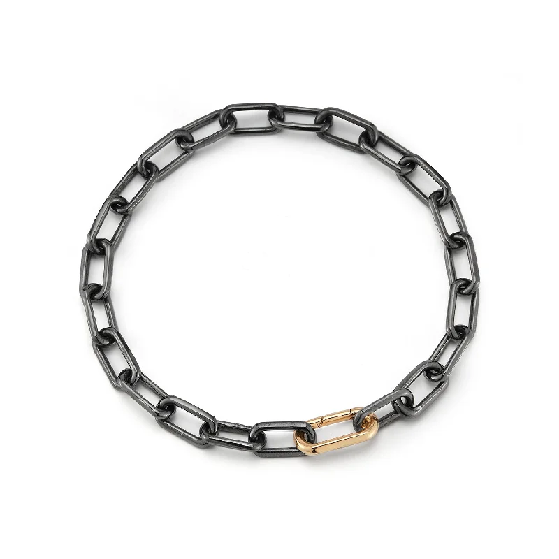 women chic bangle bracelets -SAXON BLACK RHODIUM LINK BRACELET WITH 18K ROSE GOLD ELONGATED SPRING LOADED CLASP